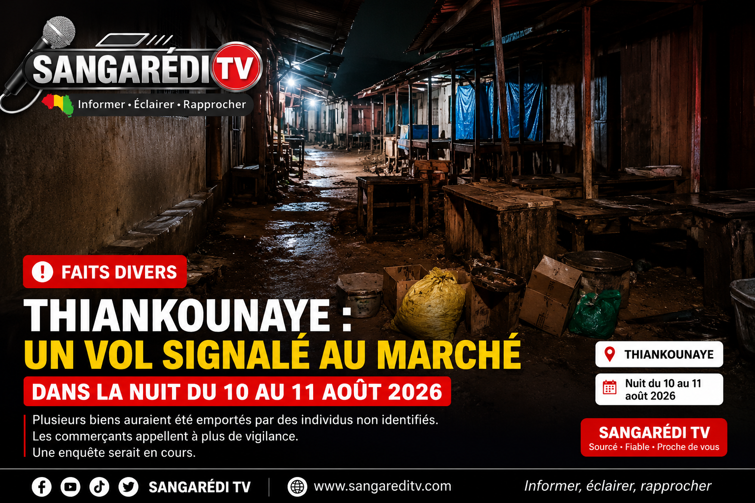 🚨 Thiankounaye : un vol signalé au marché dans la nuit du 10 au 11 août 2026